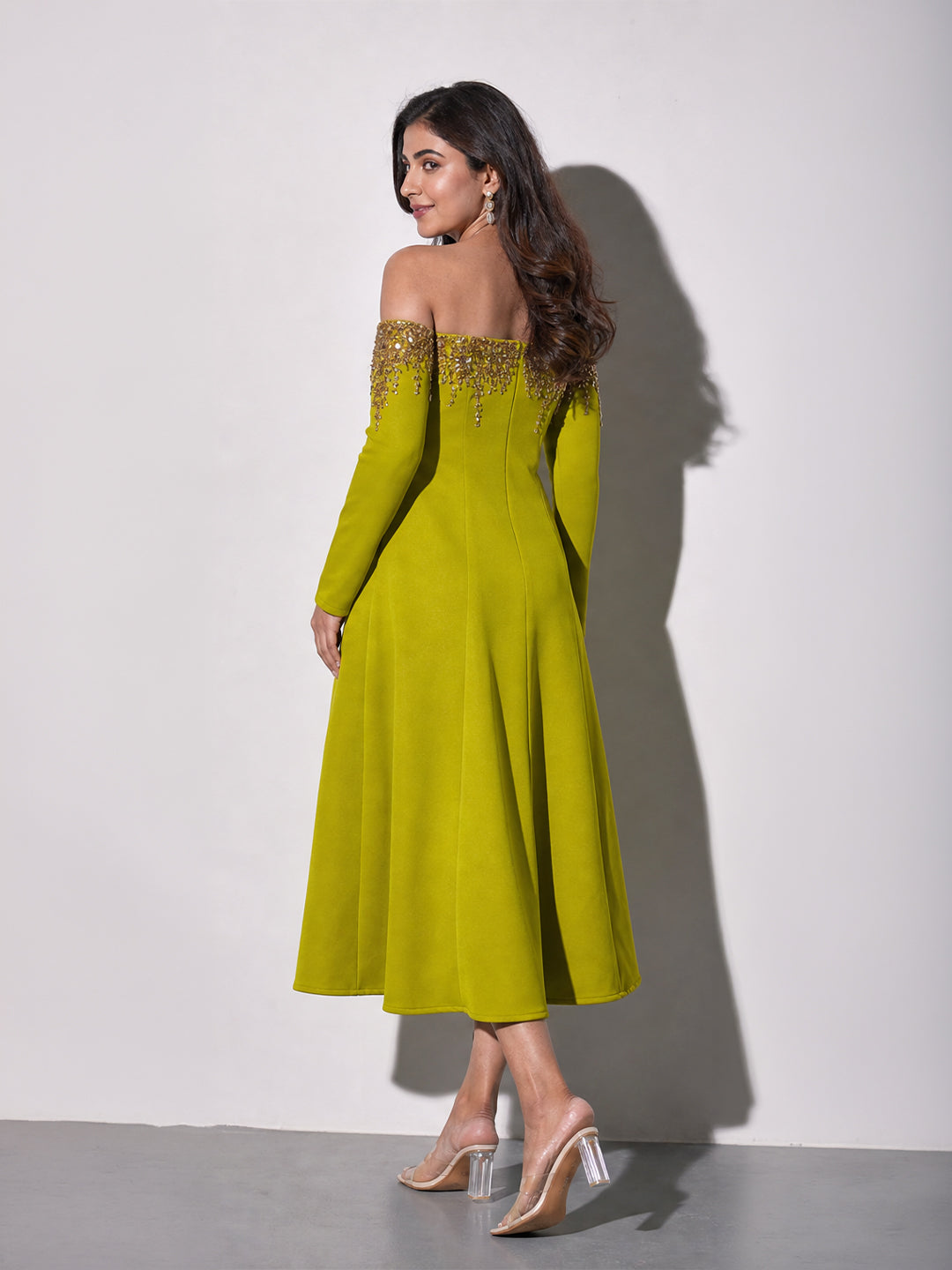 Lime Green Off-Shoulder Embroidered Dress