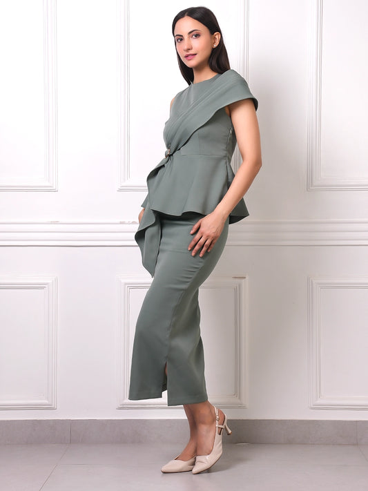 Sage Green Draped Peplum Co-ord Set