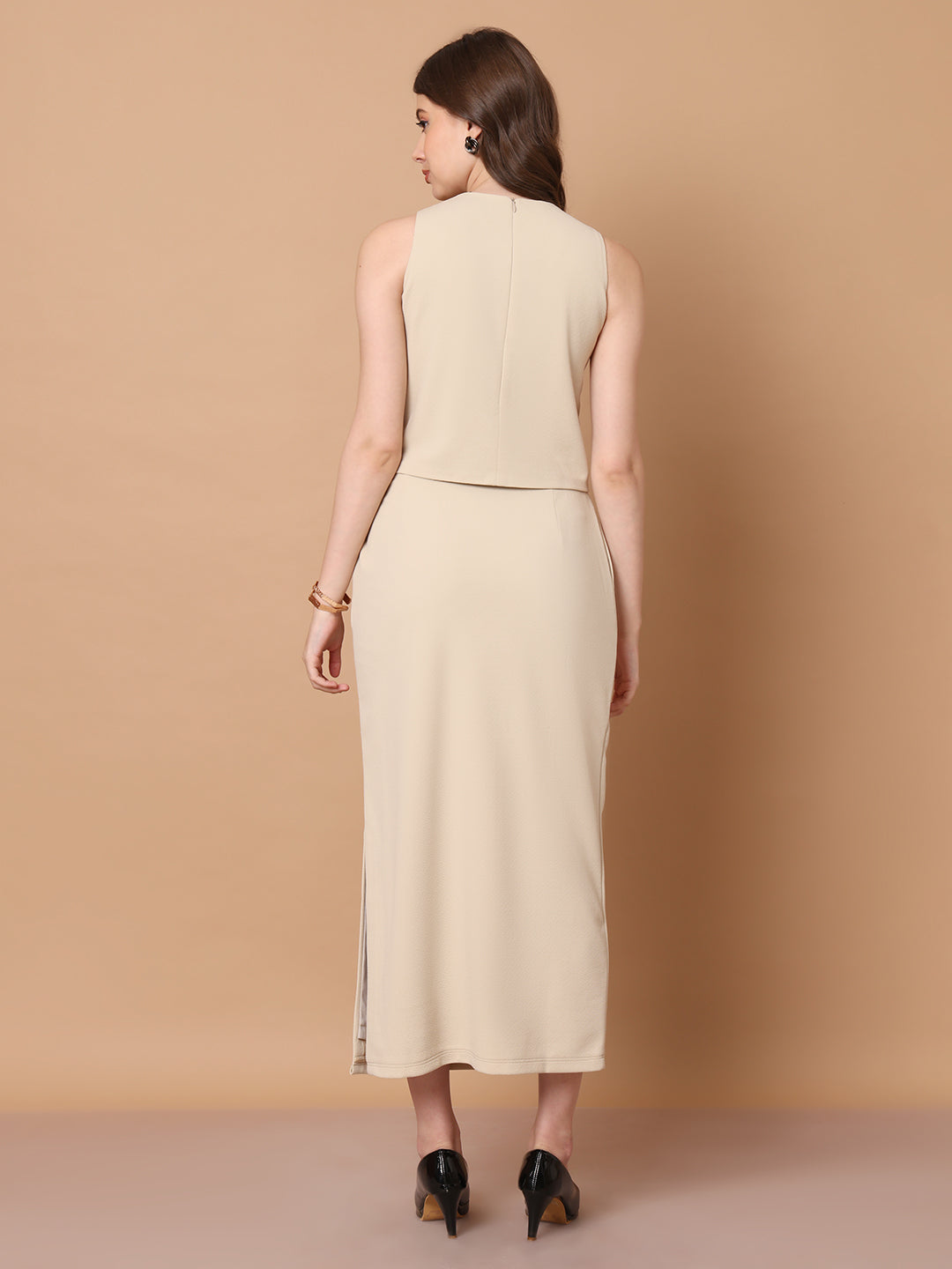 Exude Sophistication Cross Design Halter Top (Beige)