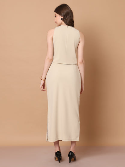 Exude Sophistication Cross Design Halter Top (Beige)