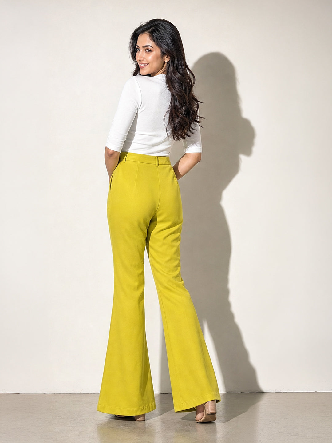 Lime Green High-Waisted Flared Trousers