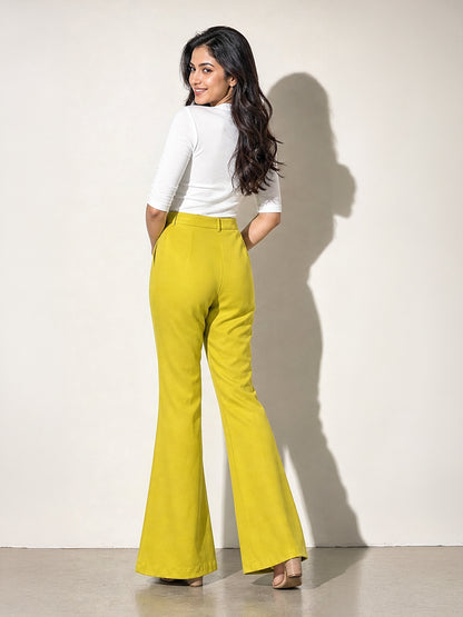 Lime Green High-Waisted Flared Trousers
