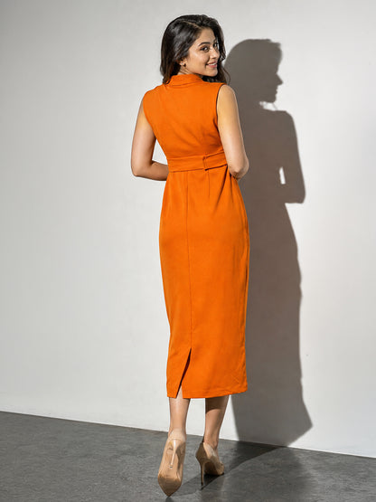 Rust Orange Belted Midi Sheath Dress with Lapel Neckline