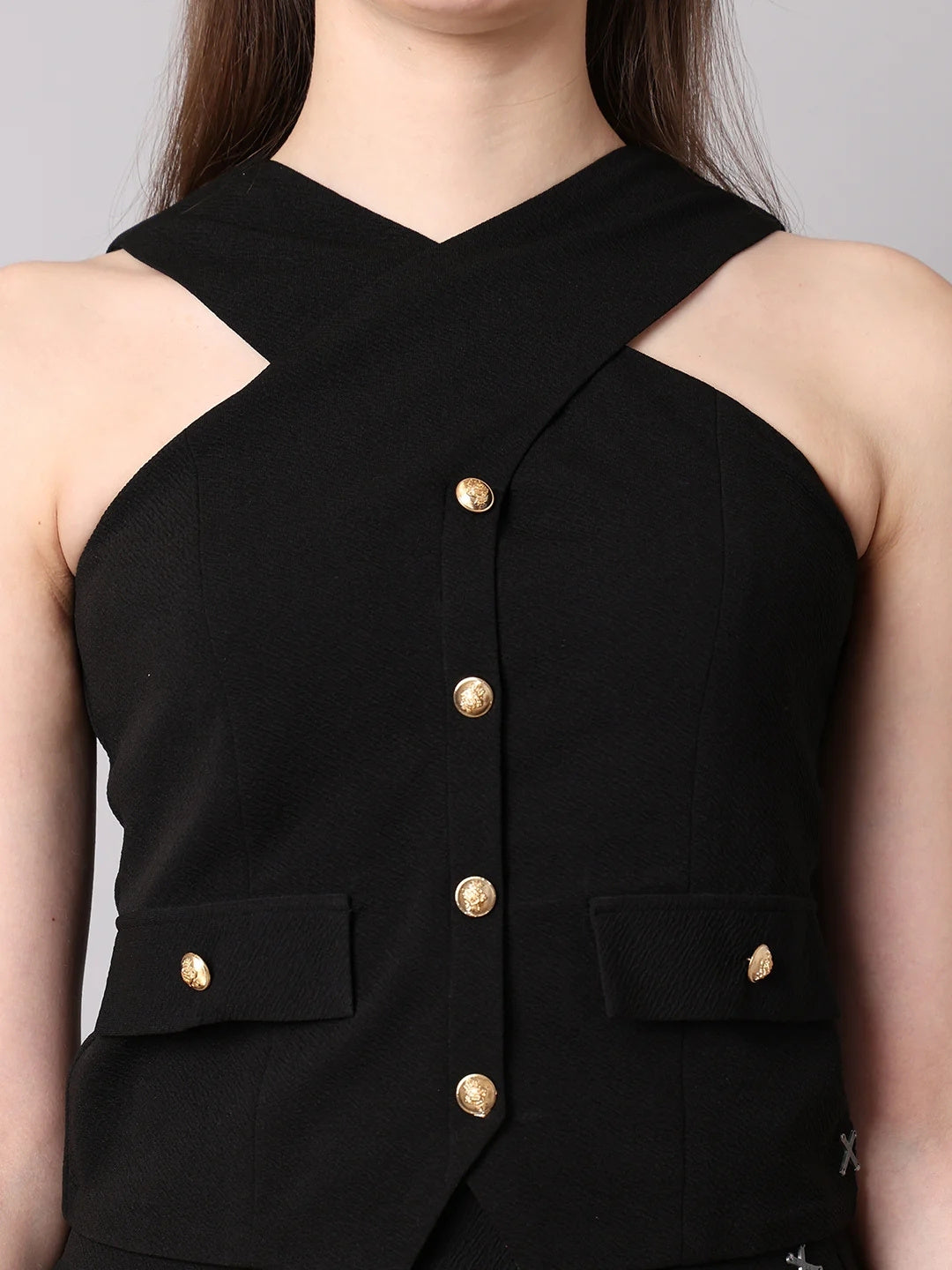 Exude Sophistication Cross Design Halter Top Black 