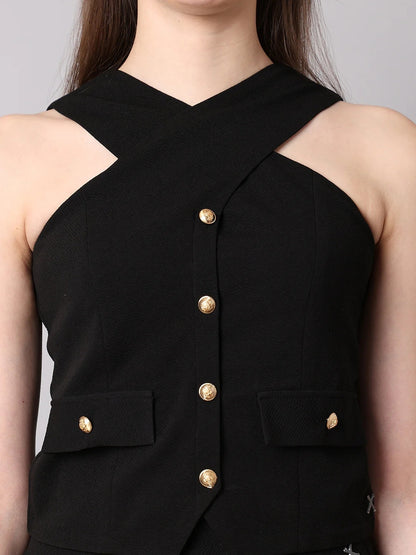 Exude Sophistication Cross Design Halter Top Black 