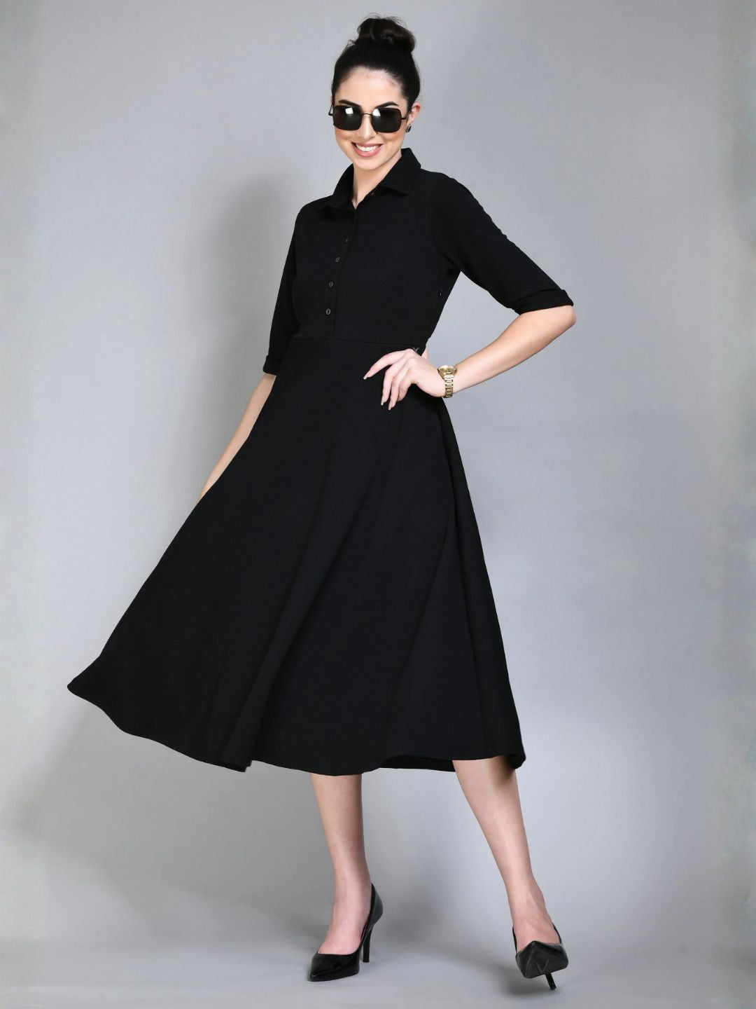 Exude Serenity Fit and Flared Shirt Midi Dress Black Dresses