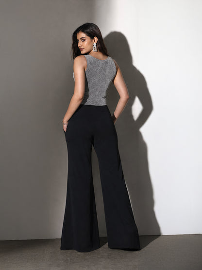 Exude Starlit Elegance 2 Piece Co-ord Set, Silver Waistcoat and Black Chiffon Trouser
