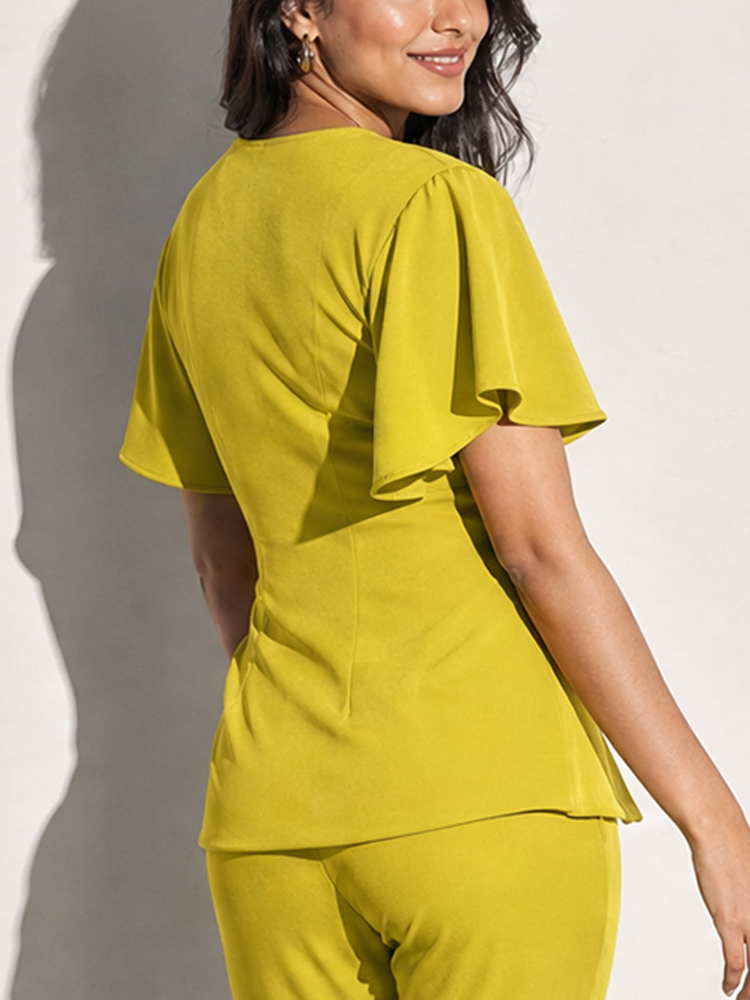 Lime Green Flutter Sleeve Asymmetric Top