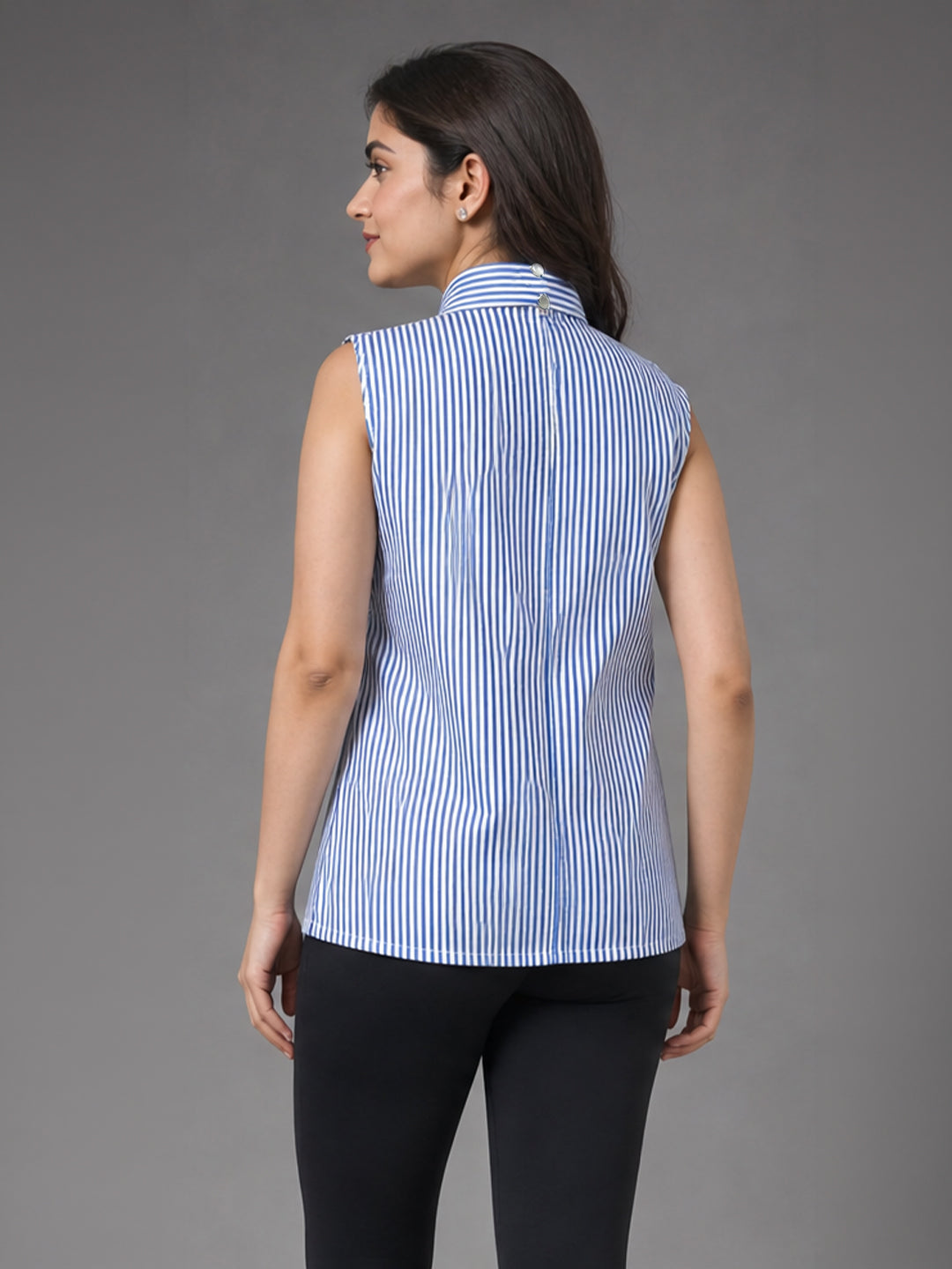 Blue &amp; White Stripe Sleeveless Wrap Collar Top
