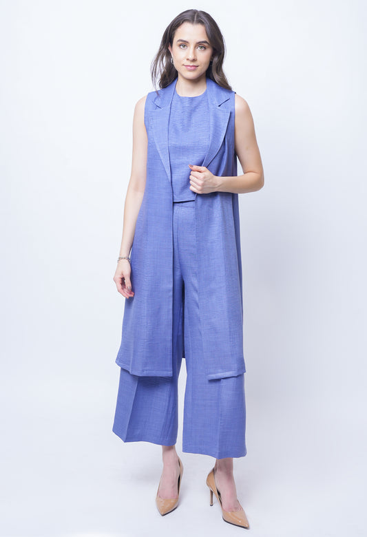 Exude Lustrous Long Jacket , Top with Wide Leg Trouser (Twill Blue )