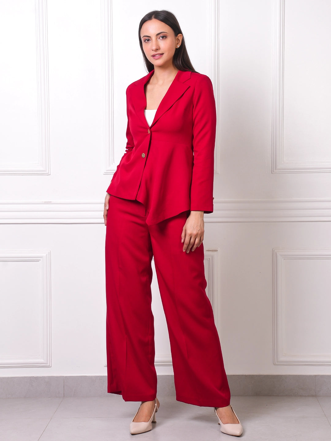 Red Peplum Blazer &amp; Wide-Leg Pants Co-ord Set