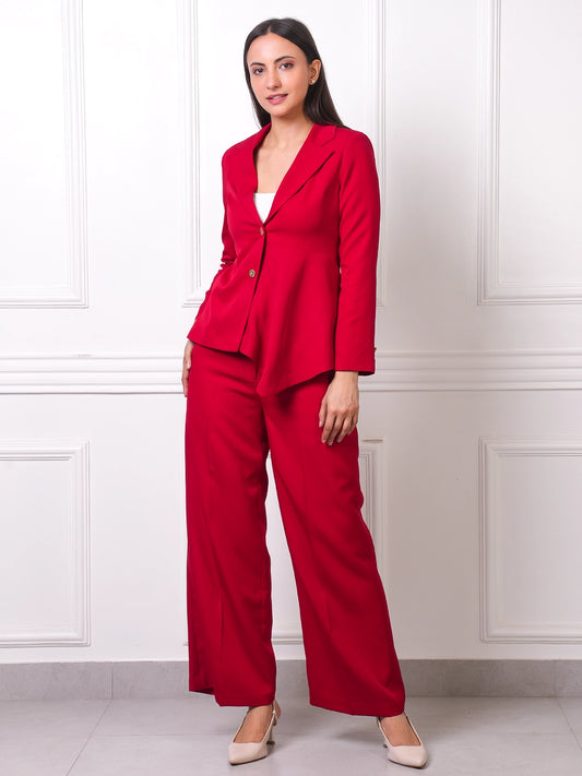 Red Peplum Blazer & Wide-Leg Pants Co-ord Set