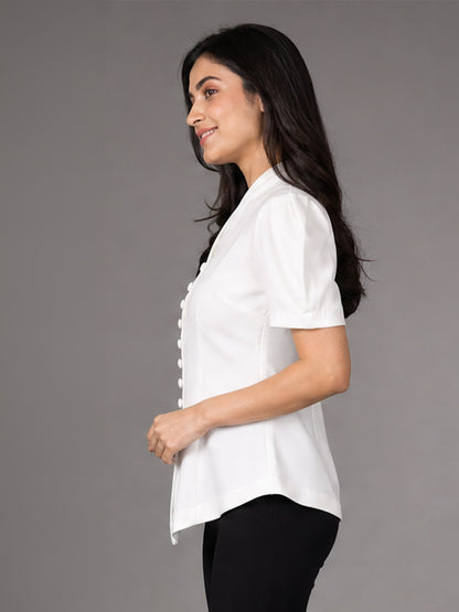 White Puff Sleeve V-Neck Button-Down Cinched waist Top
