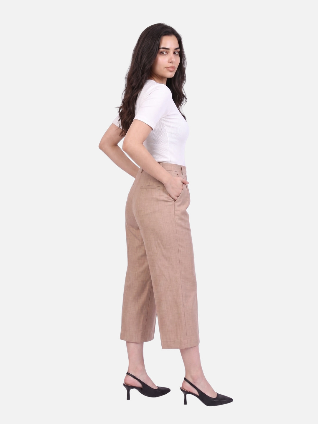 Beige Linen Blend High-Waist Pleated Culottes