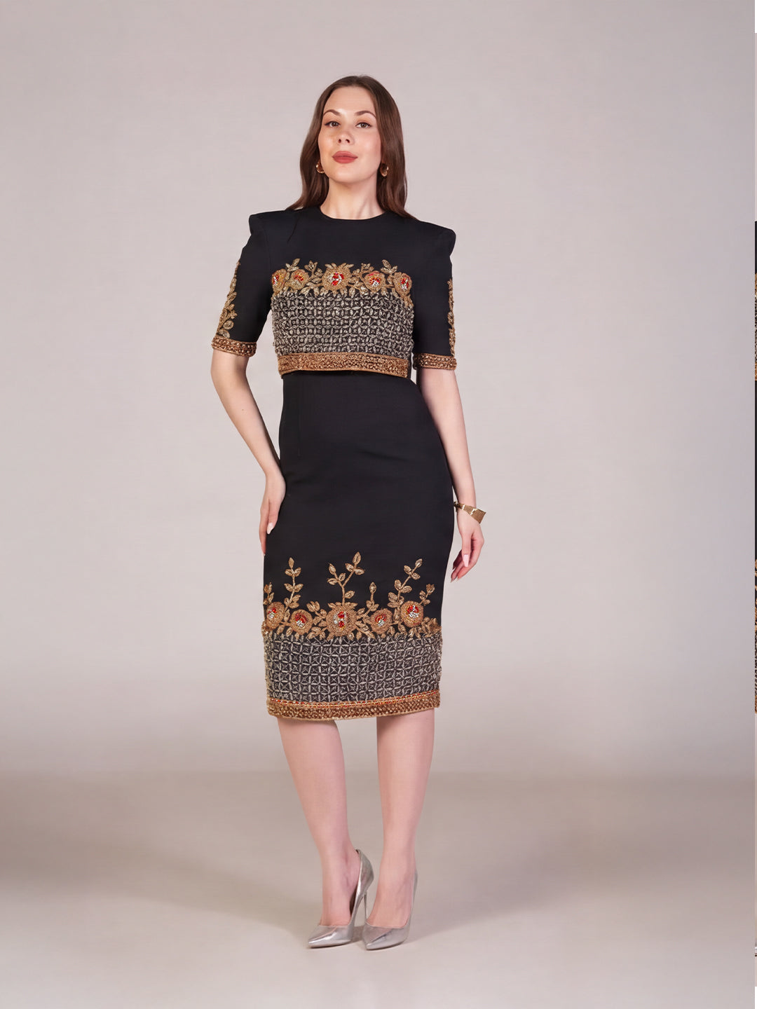 Crimson Luxe Embroidered Dress (Black)
