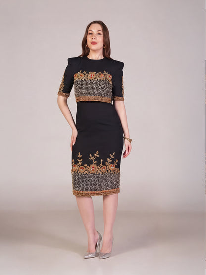 Crimson Luxe Embroidered Dress (Black)