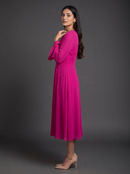 Exude Gleaming Fit &amp; Flare Dress with Long Sleeves (Rosy Pink)
