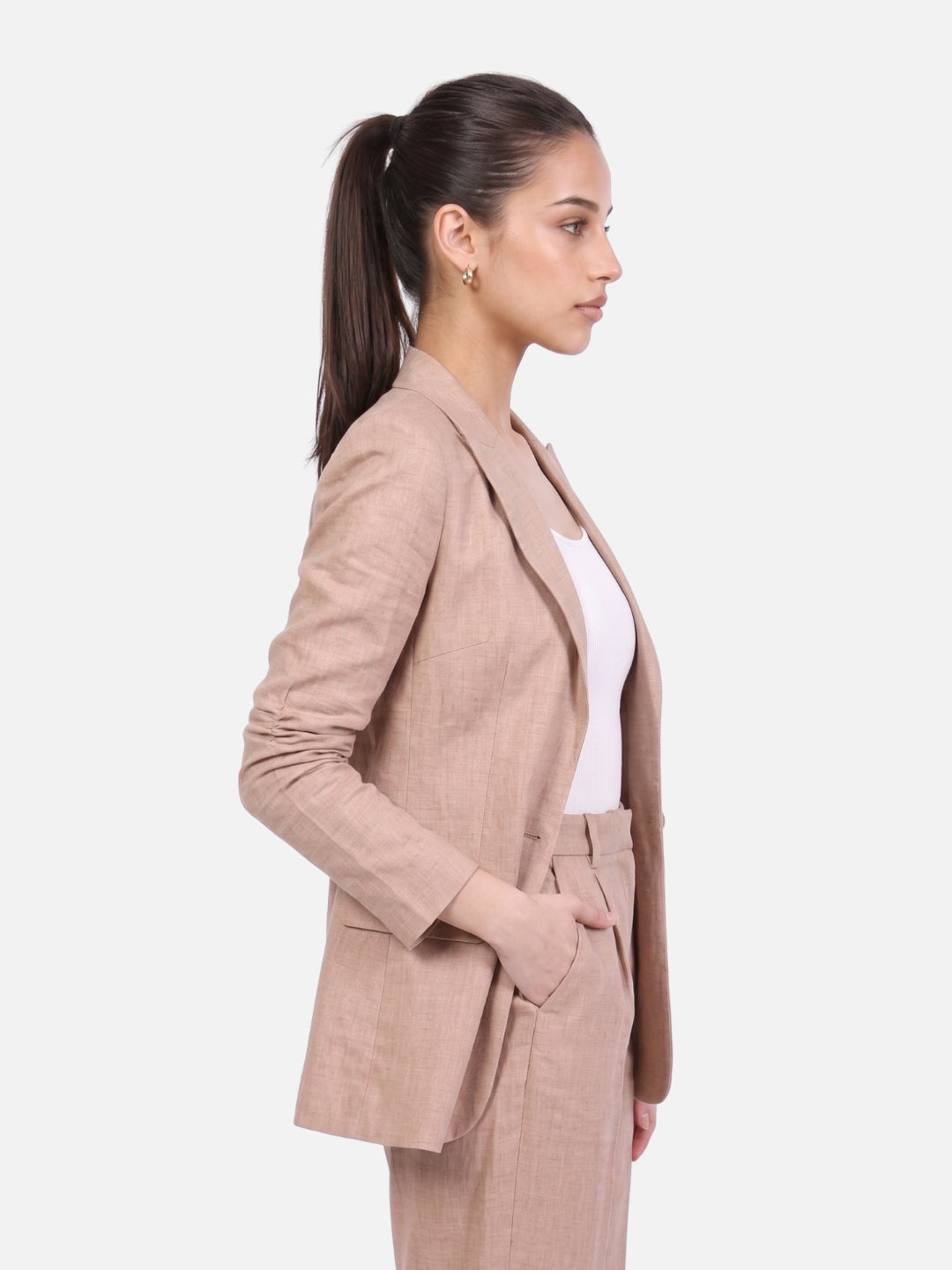 Beige Linen Blend Open Front Blazer