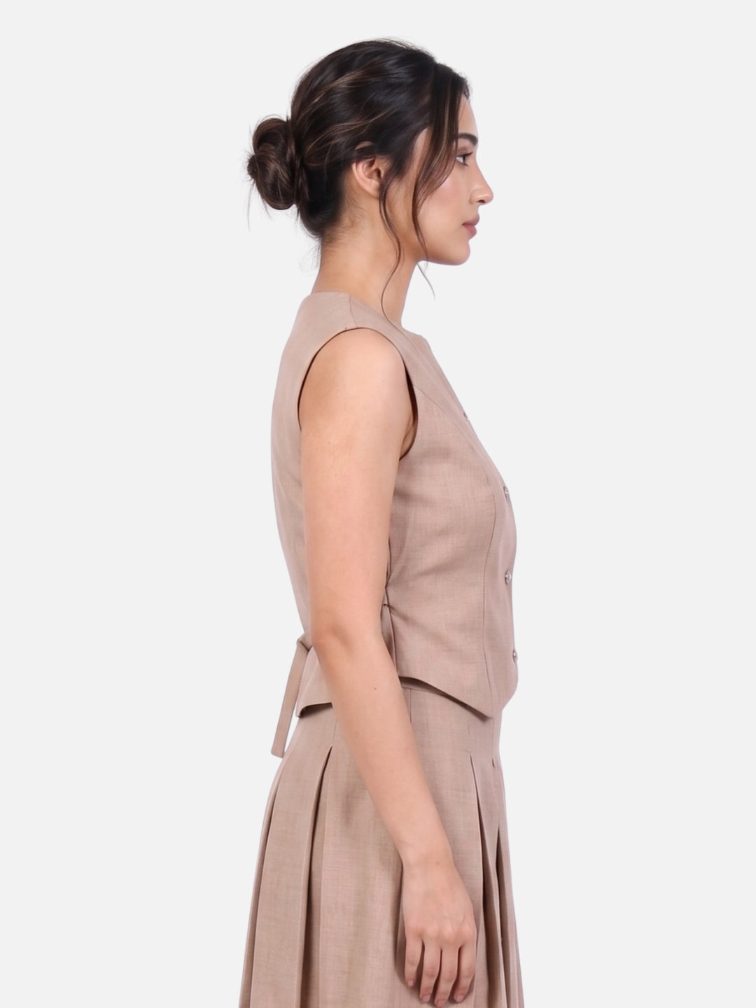 Beige Linen Pearl Button Waistcoat Vest