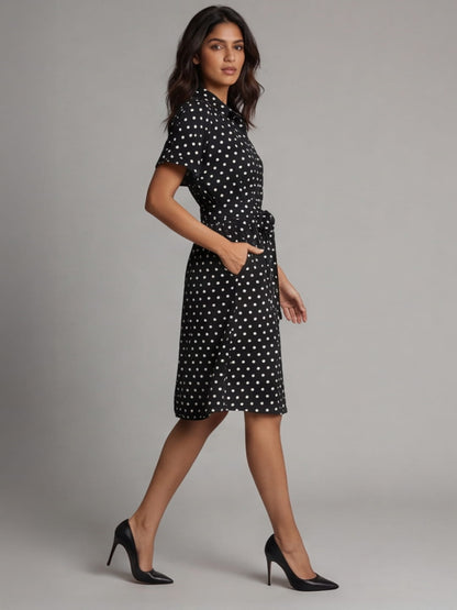 Exude Midnight Polka Tie knot dress