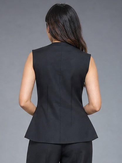Black Sleeveless Asymmetric Waistcoat Top with Gold Button Detail