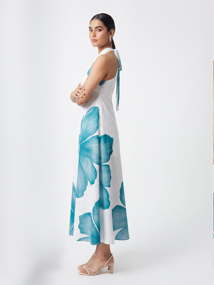 Exude Azure Bloom Cross-Halter Midi Dress
