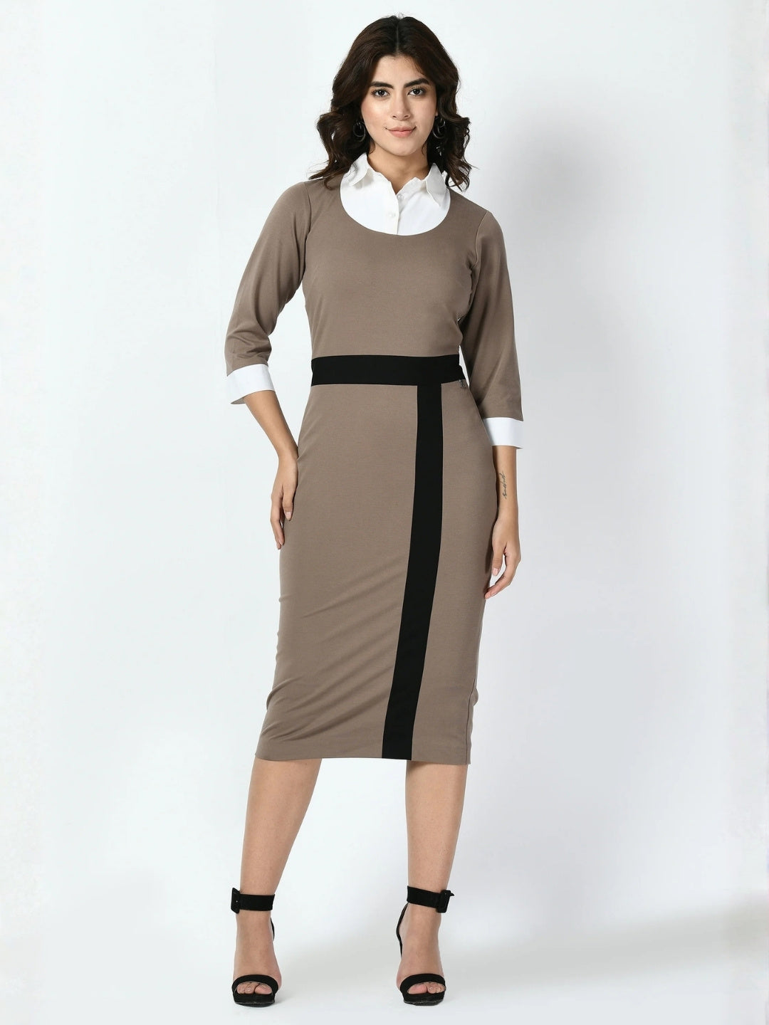 Exude Paramount Shirt Colour blocked Sheath Dress Camel Beige Dresses