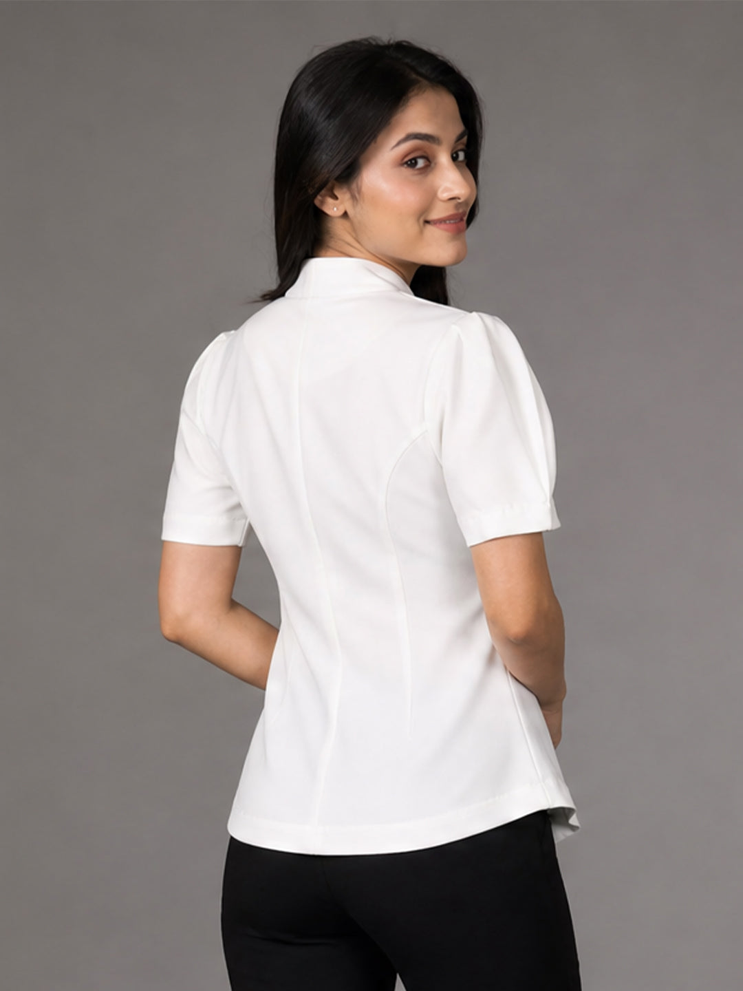 White Puff Sleeve V-Neck Button-Down Cinched waist Top