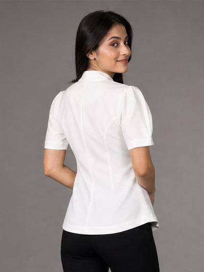 White Puff Sleeve V-Neck Button-Down Cinched waist Top