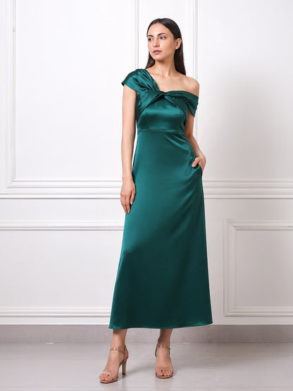 EXUDE Emerald Twist Off-Shoulder Satin Midi Dress