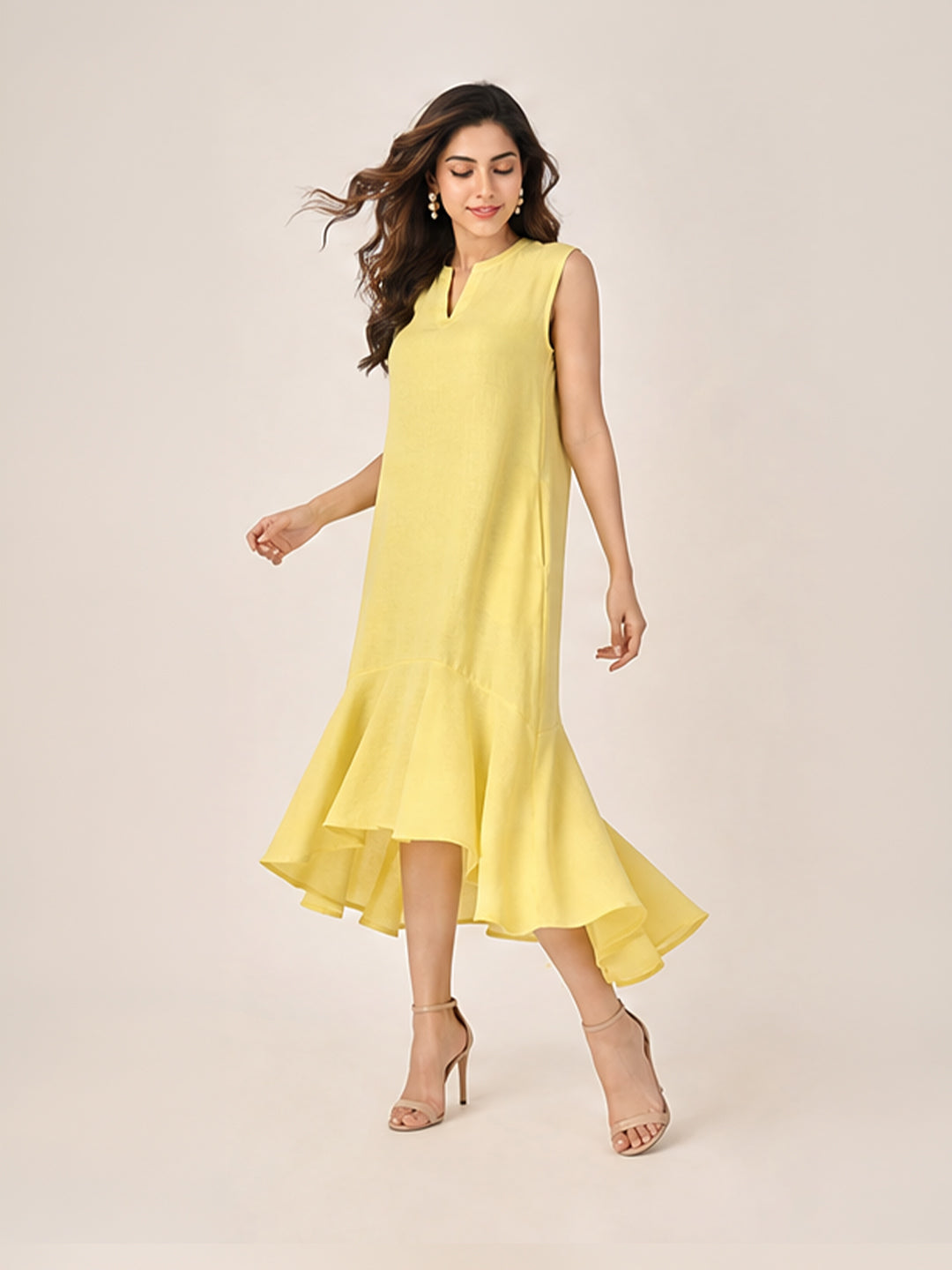 Yellow Solid Sleeveless Ruffle A-Line Dress