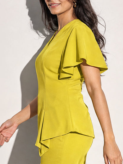 Lime Green Flutter Sleeve Asymmetric Top