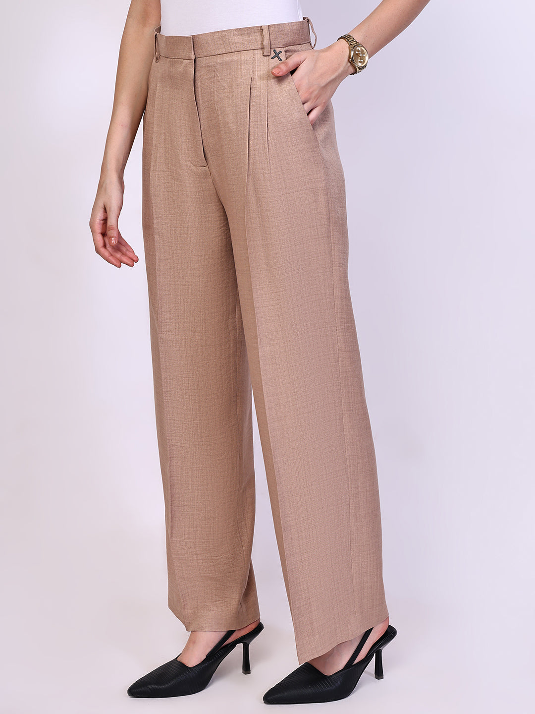Exude Timeless Threads Straight Fit Trousers with Pockets Beige Trousers