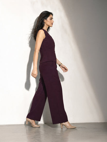 Exude Elusiveness Solid Wide Leg Trousers With Waist-Coat Top Co-ord (Wine)
