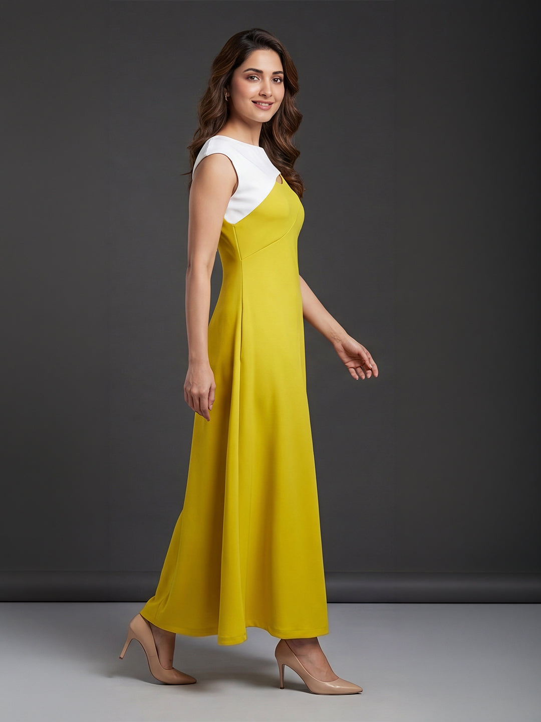 Yellow &amp; White Colour-block Maxi Dress with Cutout Detail