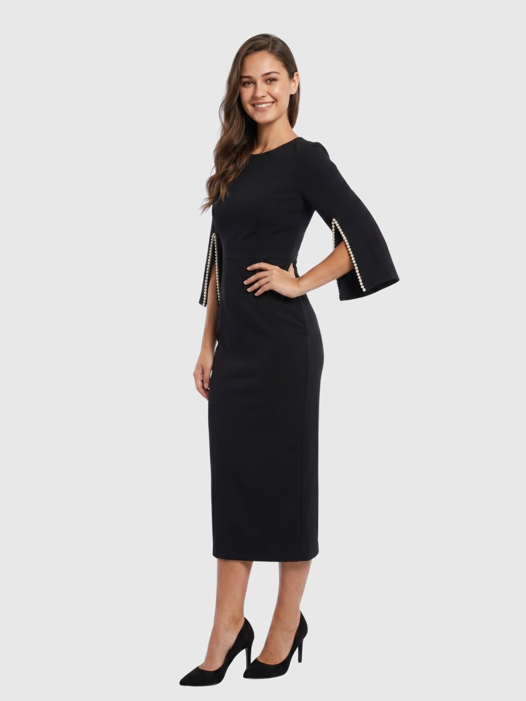 Exude Midnight Grace Pearl Sleeve Midi Dress