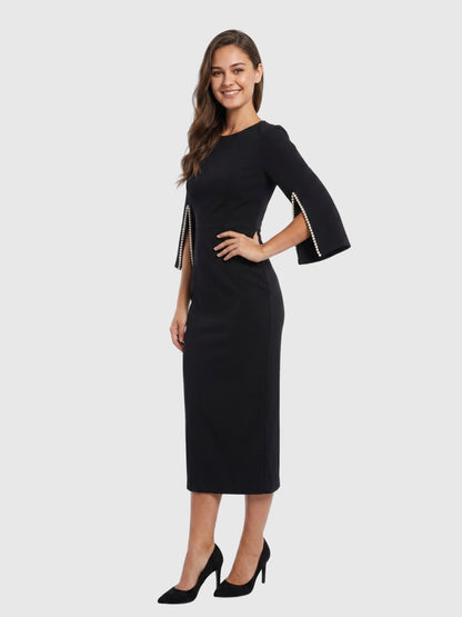Exude Midnight Grace Pearl Sleeve Midi Dress