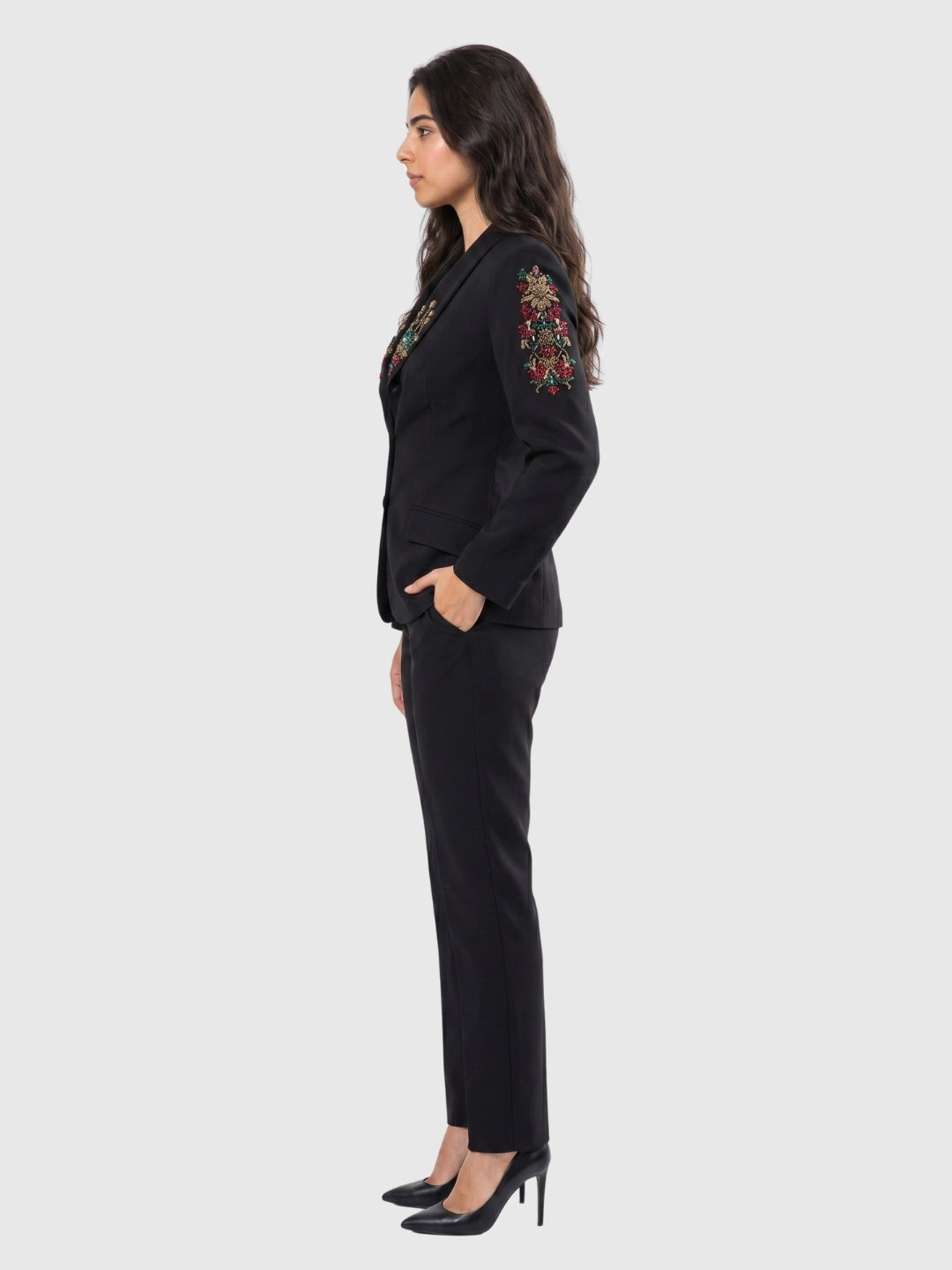 Exude Noir Blossom Embroidered Pantsuit
