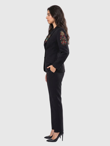 Exude Noir Blossom Embroidered Pantsuit