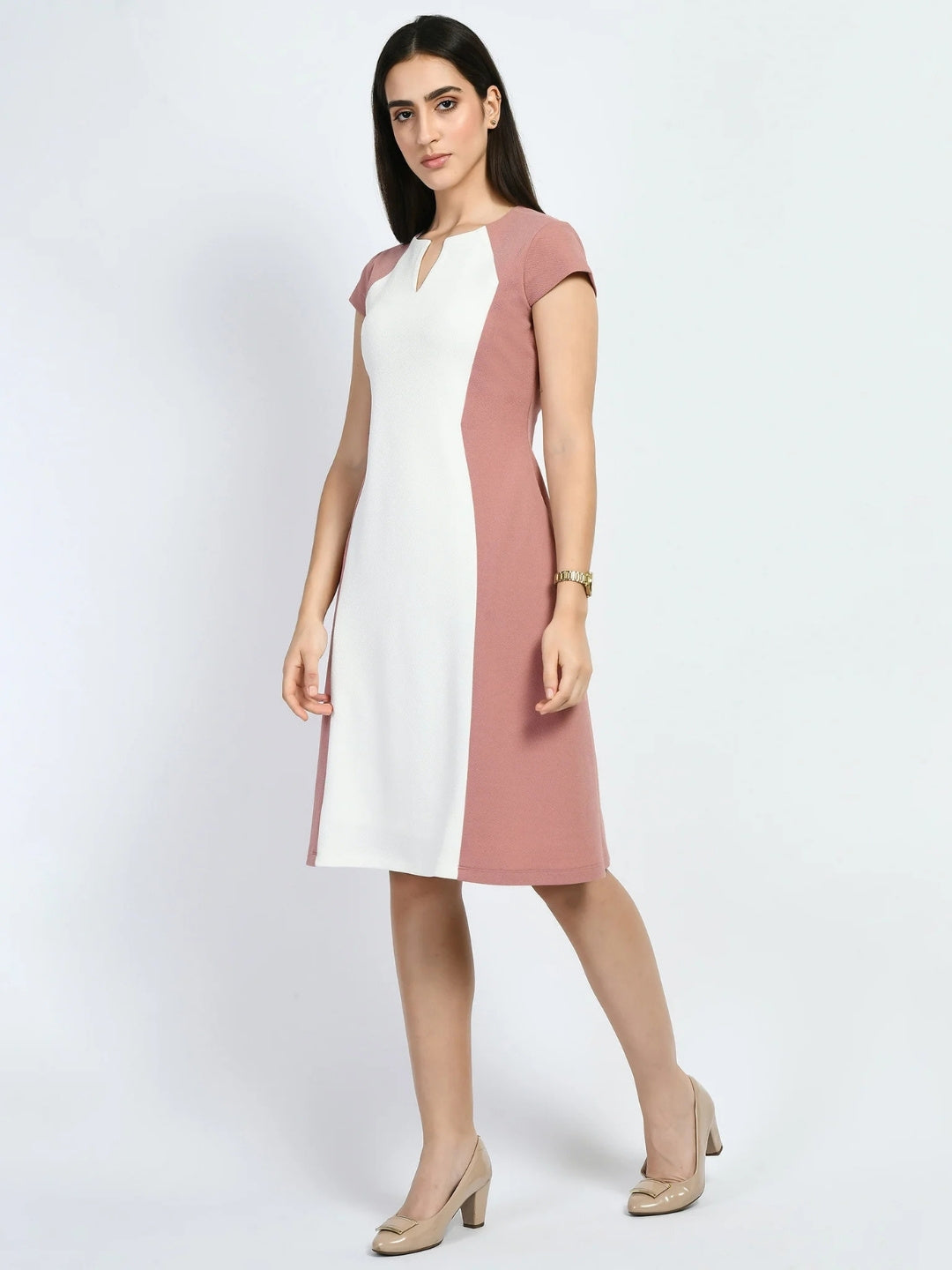 Exude Awe Colour-blocked Sculpt A-line Dress Cherry Pink Dresses