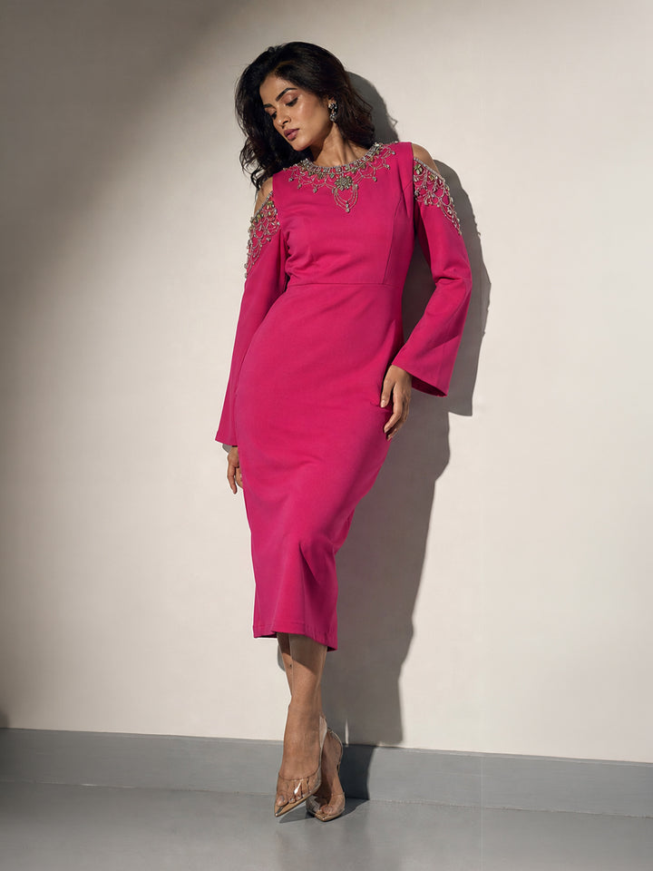 Blush Embellished Cold Shoulder Midi Dress (HotPink)