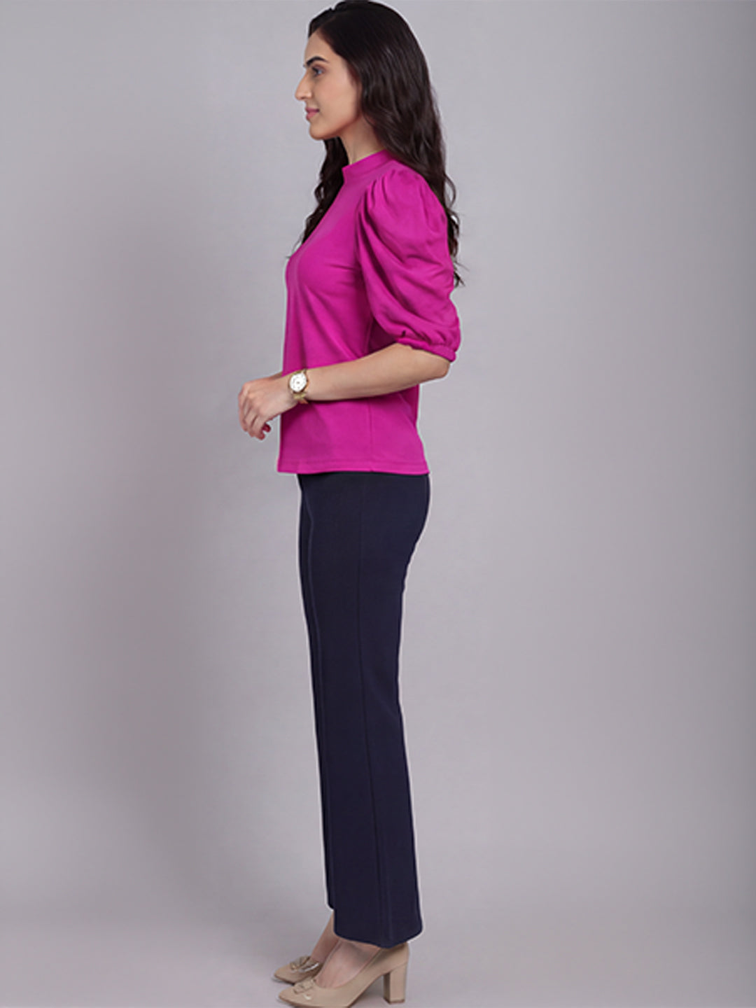 Exude Glamour Puffed Sleeves T-shirt (Hot Pink)