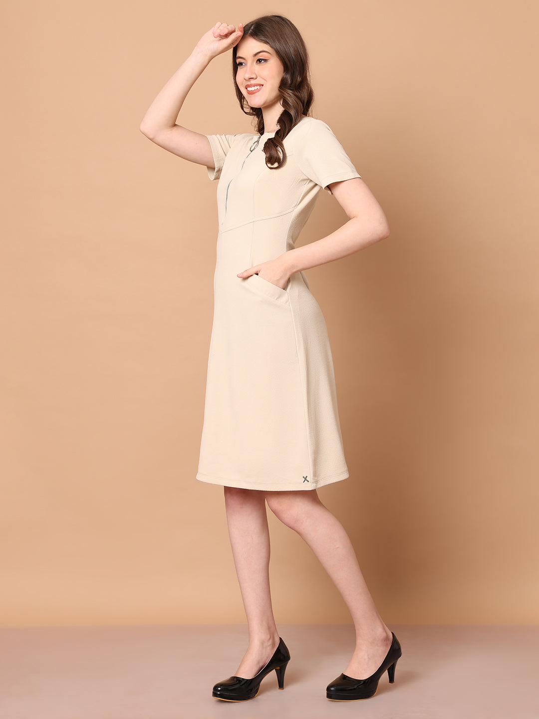 Exude Celebration A-line Zip Dress With Pockets (Beige)