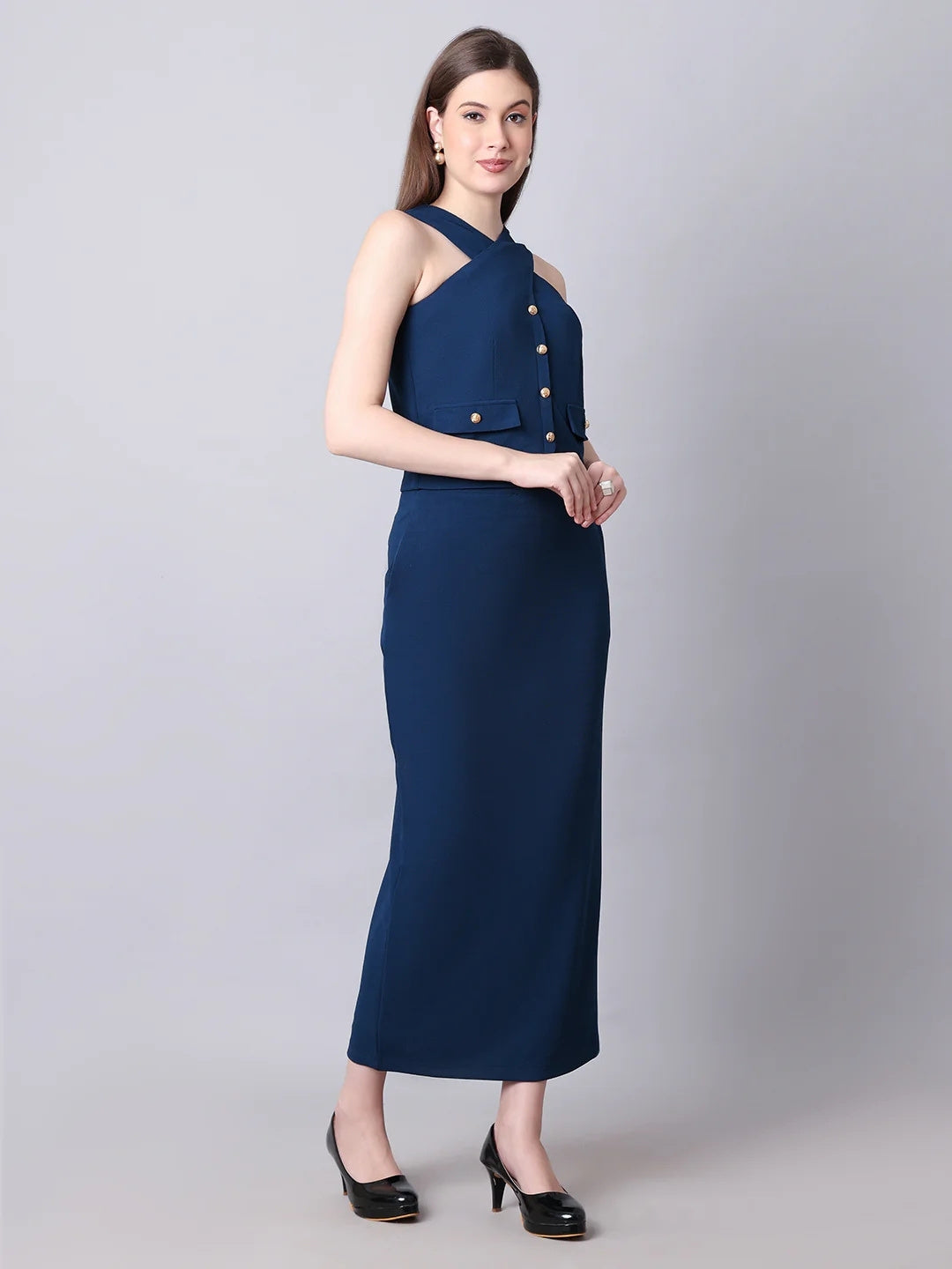 Exude Runway-Ready Long Skirt with Halter Top Royal Blue Co-ord Sets