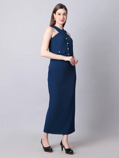Exude Runway-Ready Long Skirt with Halter Top Royal Blue Co-ord Sets