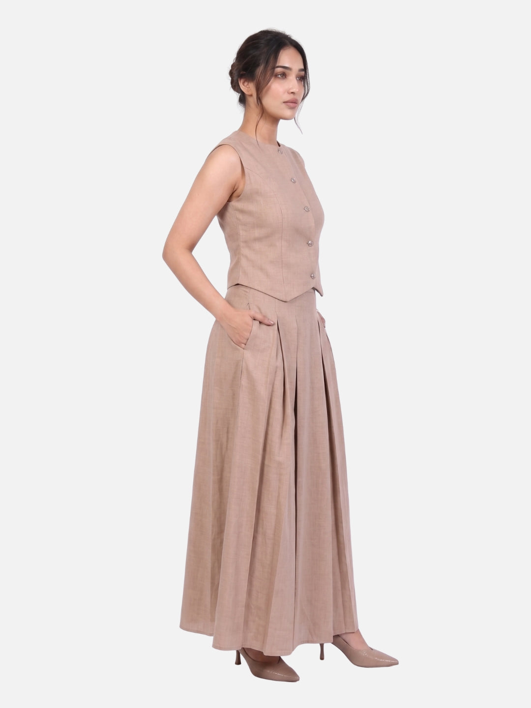 Beige Linen Pearl Button Vest &amp; Pleated Maxi Skirt Co-ord Set