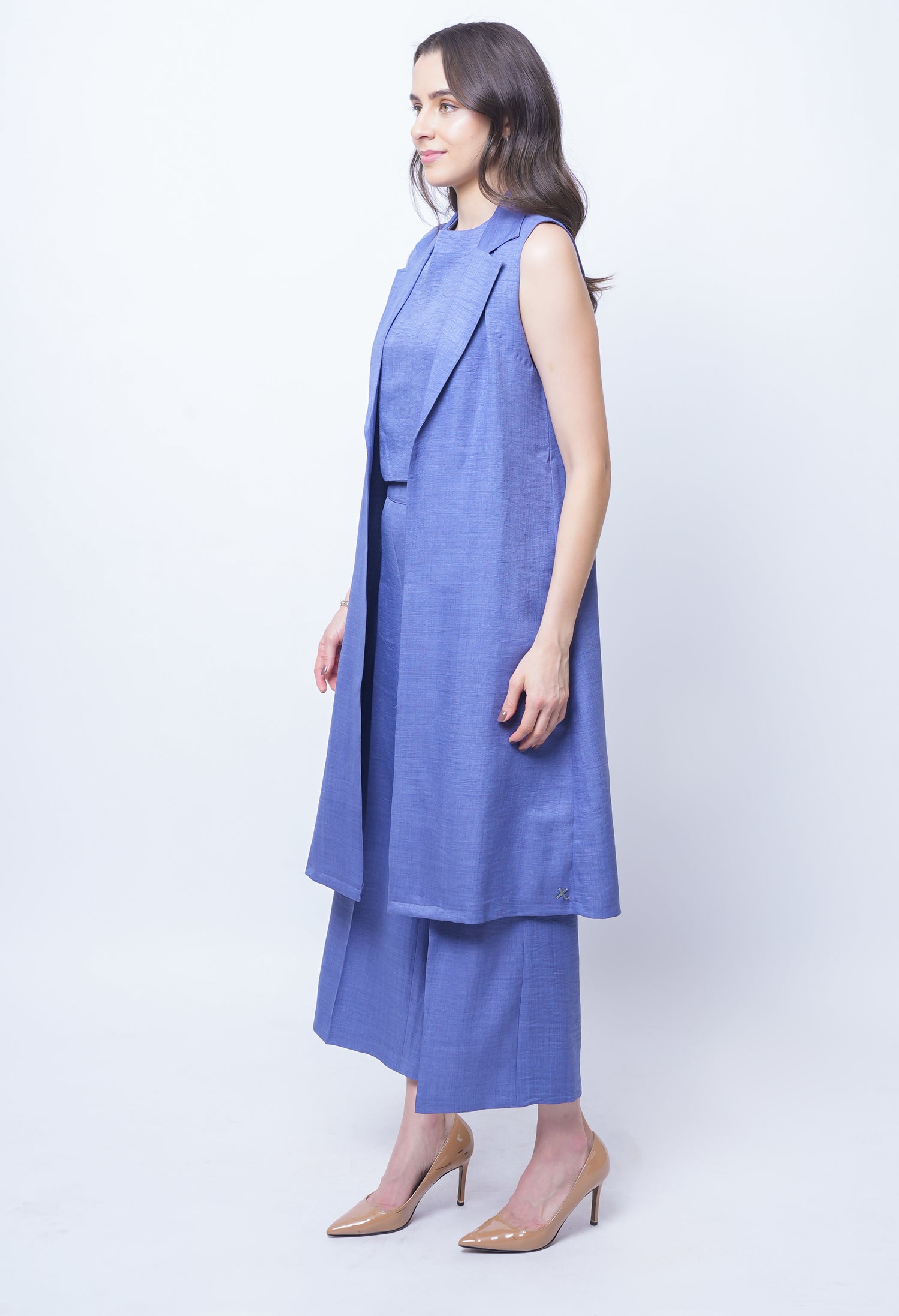 Exude Lustrous Long Jacket , Top with Wide Leg Trouser (Twill Blue )
