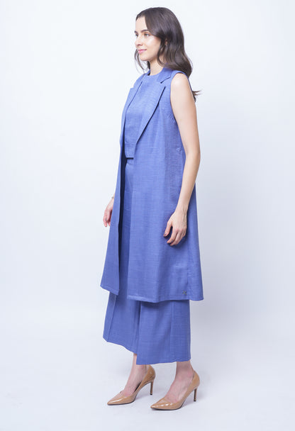 Exude Lustrous Long Jacket , Top with Wide Leg Trouser (Twill Blue )