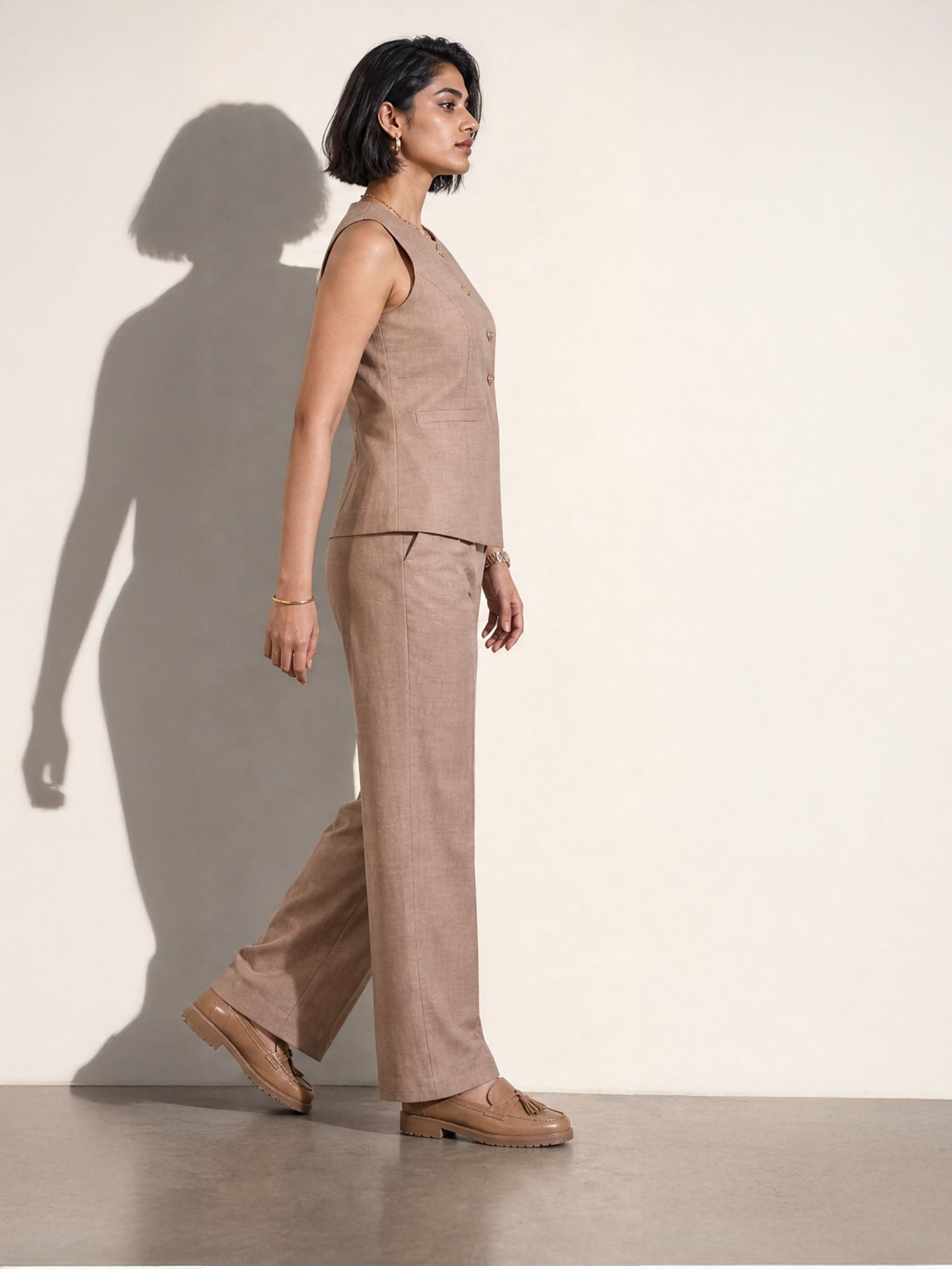 Exude Golden Hour Glam 2 Piece Linen Co-ord Set With Gold Button Detail