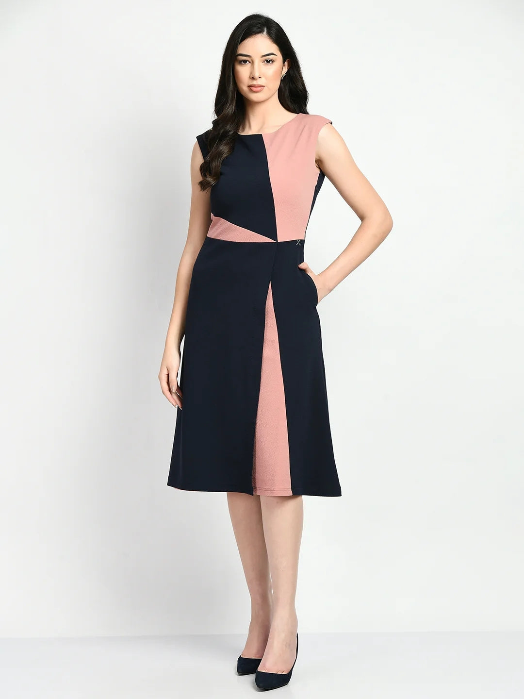 Exude Elegance Colour Blocked A-line Wrap Dress Navy + Pink Dresses